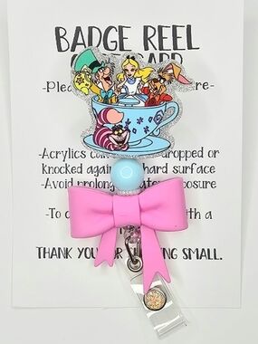 Hand Crafted Pink Bow Badge Reel with Alice in Teacup Accent